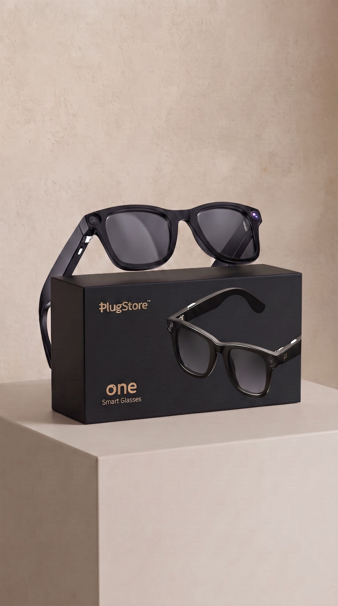Plug One smart glasses beside their box