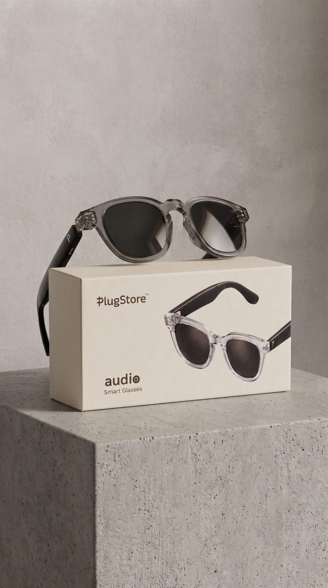 Plug Audio smart glasses beside their box