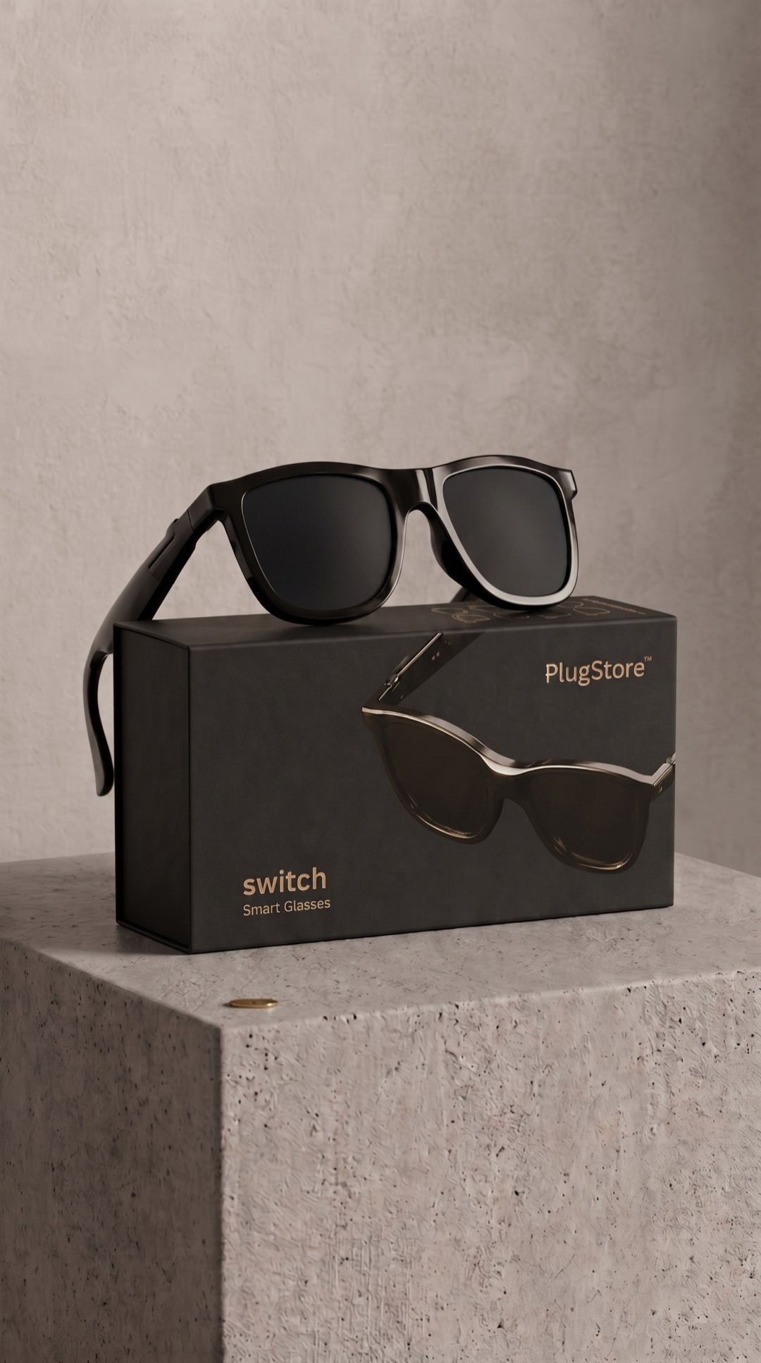 Plug Switch smart glasses beside their box